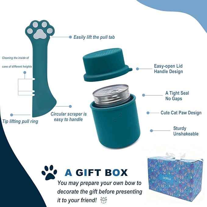 DORUI Original Canned Dog Food Storage Container & One Can Spoon | Silicone Can Cover Pet Food Sealer & Cute Paw Shape Opener Spatula | BPA Free, Airtight, Dishwasher & Freezer Safe (Dark Blue+Blue)
