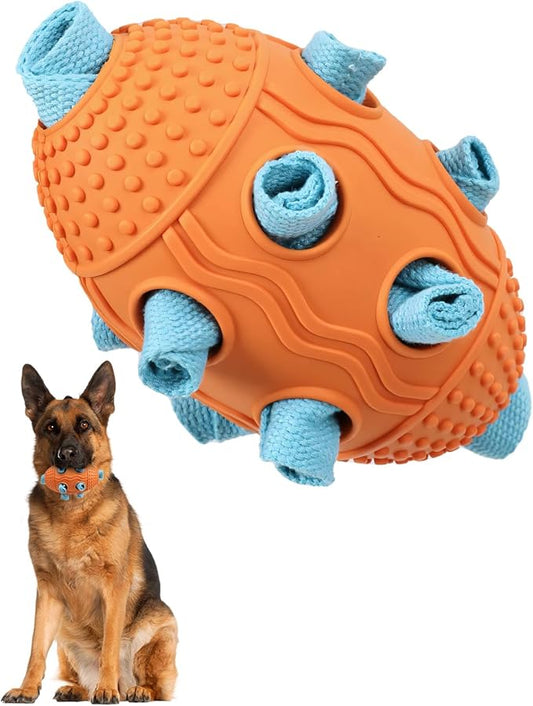 Interactive Dog Toy with Natural Rubber Soccer Design, Dental Care, Pet Energy Relief Brain Teaser Toy, Activity Training Foraging Toy, Mentally Stimulating Slow Feeder Dog Treat Dispenser Orange