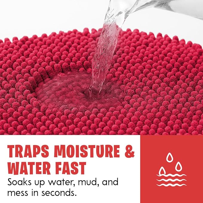MudGuard Mat™ Dog Door Mat for Muddy Paws, Super Absorbent Microfiber, Non-Slip Indoor Mat, Quick Dry Chenille Mud Mat for Dogs & Entryway, Washable, Red 19" x 30"