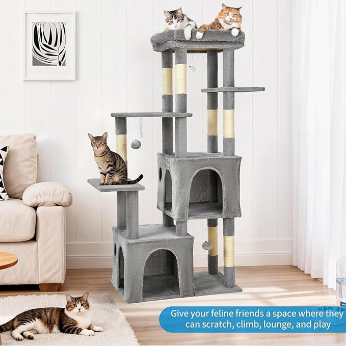 Cat Tree - 157cm Tall, Sisal Wrapped Scratching Post, Cat Nest, Hanging Ball, Extended Platform