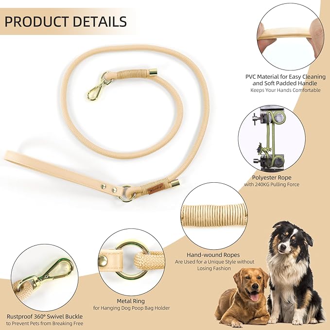 Wisedog Dog Leash for Small Dogs, 6FT Lightweight Rope Leash with PVC Soft Padded Handle, Rustproof 360°Swivel Buckle Heavy Duty for Medium & Large Dogs (Sand Color)