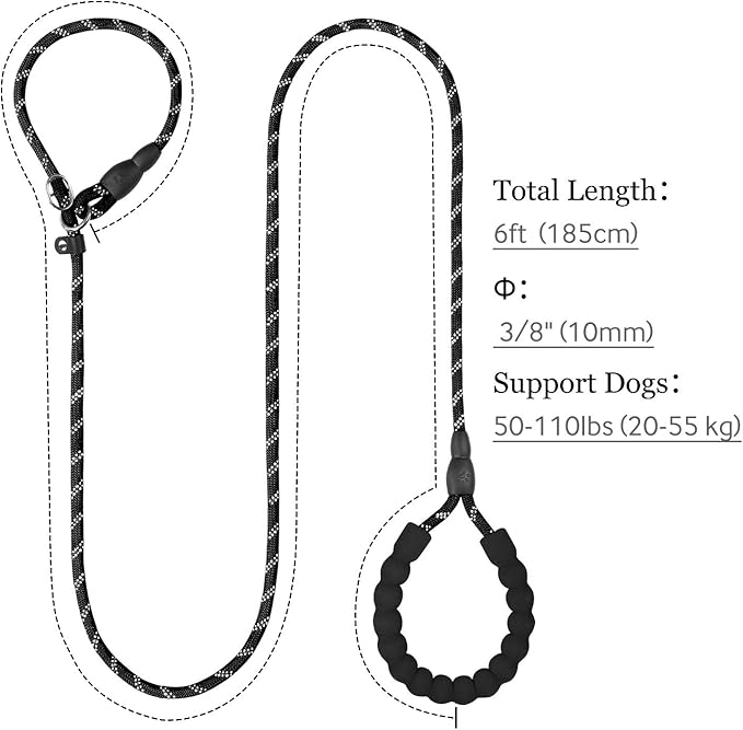 TagME Slip Leads for Dogs, 6 FT Heavy Duty Slip Leash with Padded Handle, Strong Rope No Pull Pet Training Leash for Medium Dogs,Black