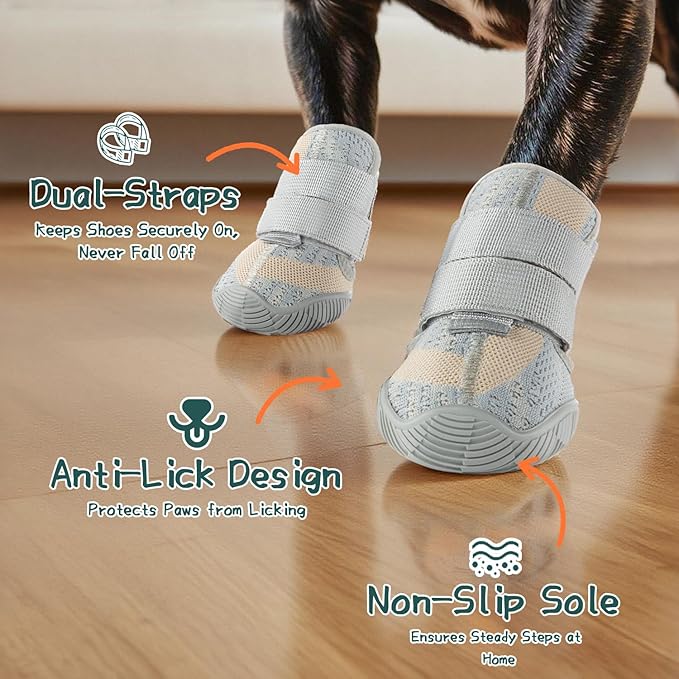 Aokown Dog Shoes for Medium Dogs, Outdoor Dog Boots & Paw Protectors for Hot Pavement, Winter Snow Hiking, Breathable Dog Booties, Indoor Hardfloors Anti Slip Sole White Size 5