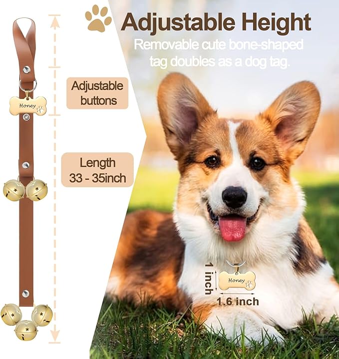 Leather Dog Bells, Puppy Potty Training Bell Dog Doorbell Potty Train Dog Bell for Potty Training Door Bells for Dogs to Ring to Go Outside Jingle Bells (Leather Brown, Bone 1 PCS)