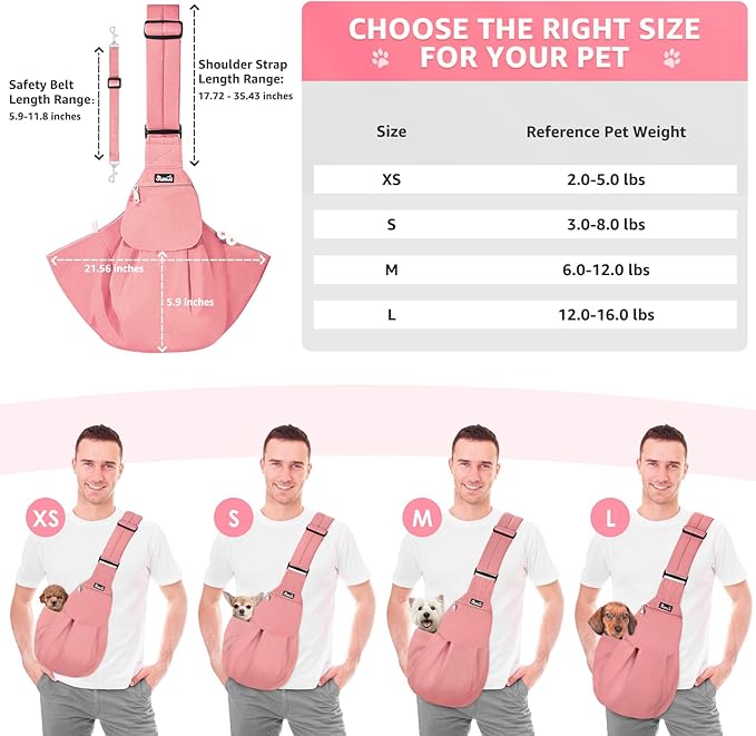 SlowTon Dog Carrier Sling - Thick Padded Shoulder Strap Adjustable Dog Carriers for Small Dogs, Puppy Carrier Purse for Pet Cat with Front Zipper Pocket Safety Belt Machine Washable (Peach, S)