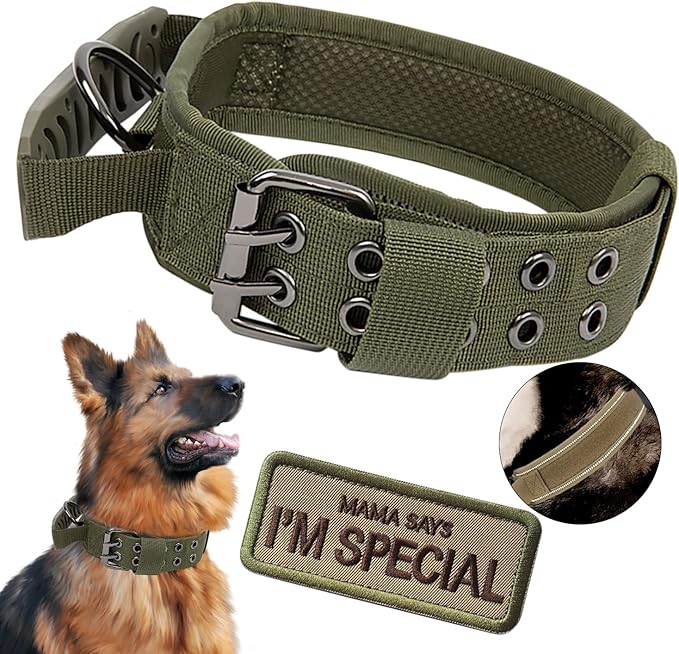 Tactical Dog Collar with Handle - Military Adjustable Dog Training Collar Soft Nylon and Heavy Duty Metal Buckle for Medium Large Dogs - with Patch (Green with Patch, X-Large)