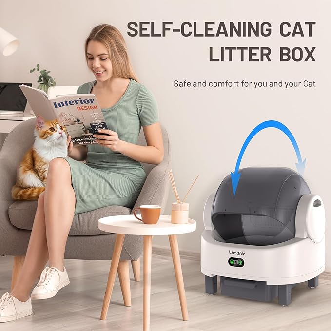 Automatic Cat Litter Box, Electric Large Open-Top Self Cleaning Litter Box for Multiple Cats, Smart APP Control, Multiple Safety Sensors, 1 Rolls Bags & 1 Mat WhiteGrey