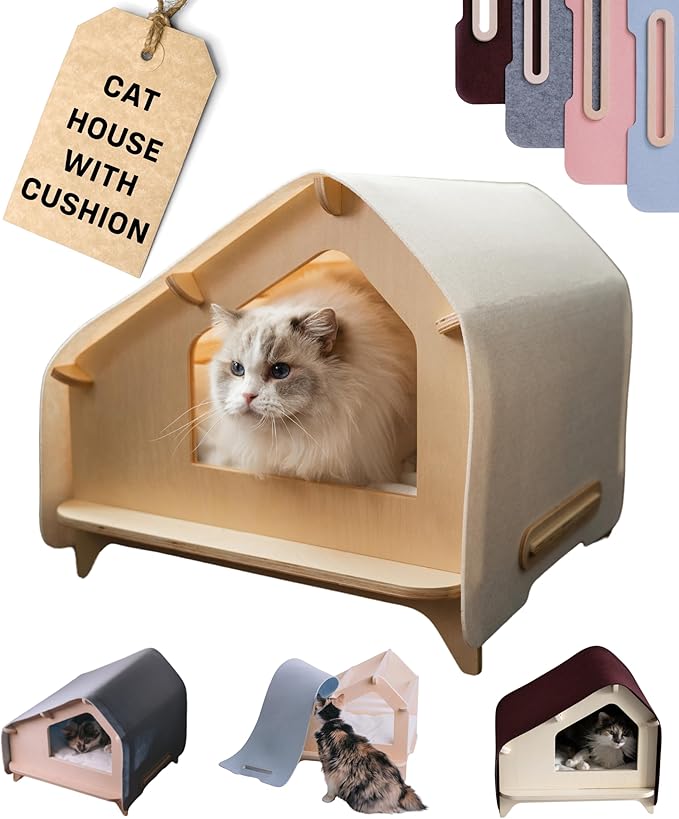 RAWRY Cat House – Covered Indoor Pet Bed with Cushion & Scratcher | Wood Cat Scratcher House for Cats, Kittens, Small Dogs