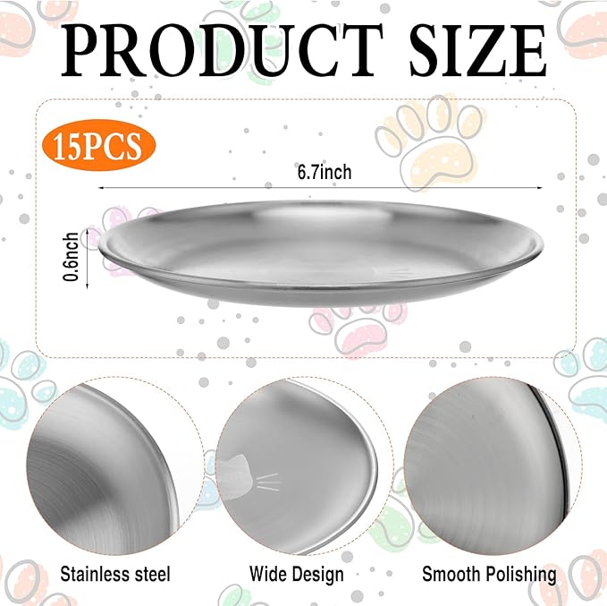 Domensi 15 Pieces Stainless Steel Cat Bowls Beard Friendly, 6.7 Inch Wide and Shallow Cat Food Dish Wet Feeding Bowls Flat Pet Dish Small Pet Plate for Kittens Ferrets Stray