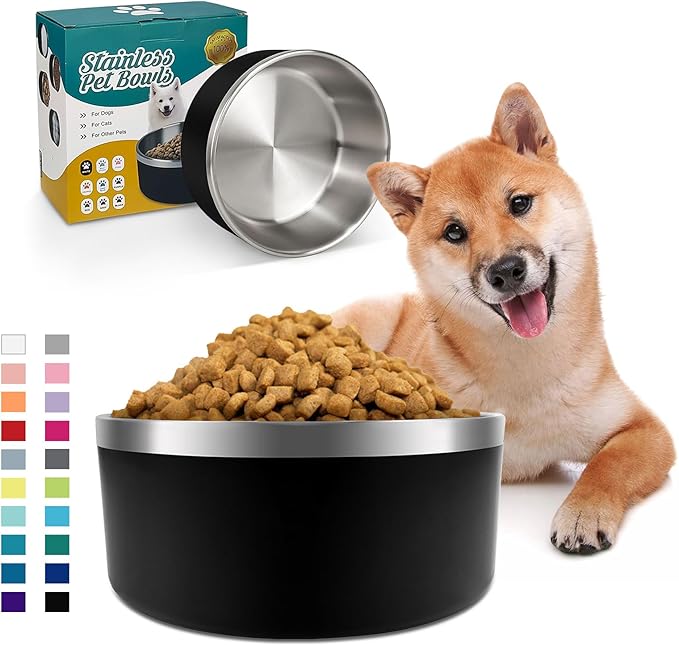 IKITCHEN Dog Bowl for Food and Water, 64 Oz Stainless Steel Pet Feeding Bowl, Durable Non-Skid Double Wall Insulated Heavy Duty with Rubber Bottom for Medium Large Sized Dogs (64 Ounces/8 Cup, Black)