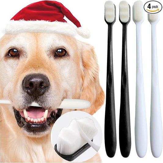 Dog Toothbrush Kit 4 Pack, Ultra Soft Dog Tooth Brush for Medium to Large Dogs & Cats, Pet Tooth Brushing Kit for Easy Dental Cleaning, Soft Bristles, 2 Black Wave Head & 2 White Flat Head