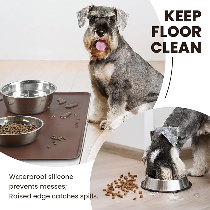 VIVAGLORY Dog Food Mat Flexmat Dog Bowl Mat, Placemat Food Tray with Raised Edges & Lip for Indoor Floor, Non Slip Waterproof Silicone Dish Placemat for Cat & Pet, S, Chocolate
