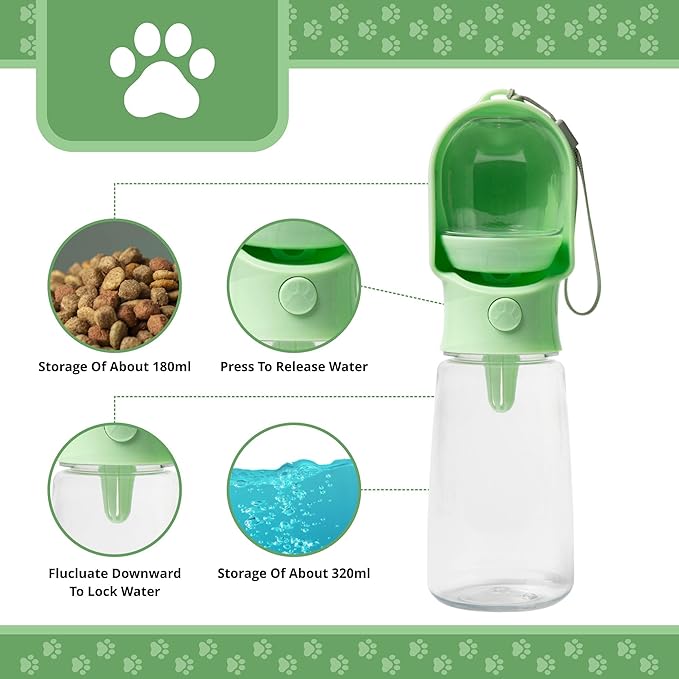 HappiTails Leak Proof Portable Dog Water Bottle with Bowl – Travel Pet Water Dispenser for Walking & Hiking – Food Grade Plastic – Choose from 3 Colors (Green, 320 ml)