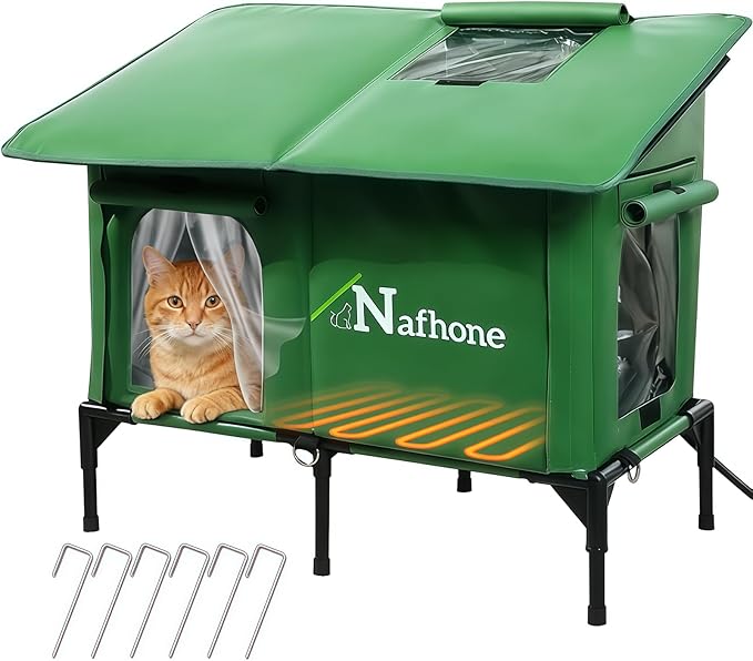 Heated Cat House for Outside, Large Size Insulated Weatherproof Outdoor Cat House for Winter, Cat Shelter with Heating Pad & Escape Door for Feral Stray Barn Cat Kitty Dog Puppy (28.6"x14.2"x23.6")