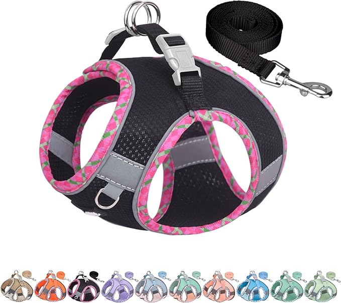 AIITLE Teacup Puppy Harness with Leash - Adjustable Soft Vest with Magic Tape & Reflective Safety Strips, Easy-Put-On for Poodles, Pomeranians - Gym, Hiking, Travel (Black, S)