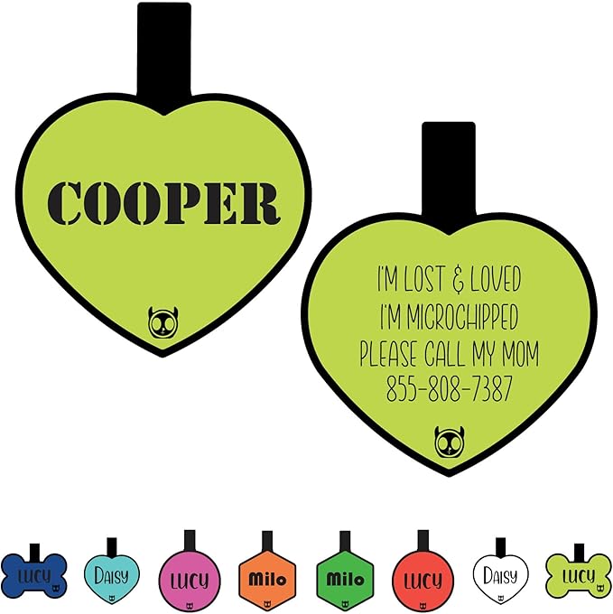 Silicone Silent Cat Tag Personalized with 5 Lines of Custom Deep Engraved Durable Soundless Pet ID Name Tag Heart Small Lime