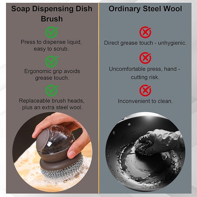 Dish Brush with Soap Dispenser, Steel Wool Scrubber with Replaceable Steel Wool, Pan Scraper and PET Scouring Pad, Wire Brush for Cleaning Cast Iron, Grill Pans, Stock Pots, Grills, Sinks (Brown)