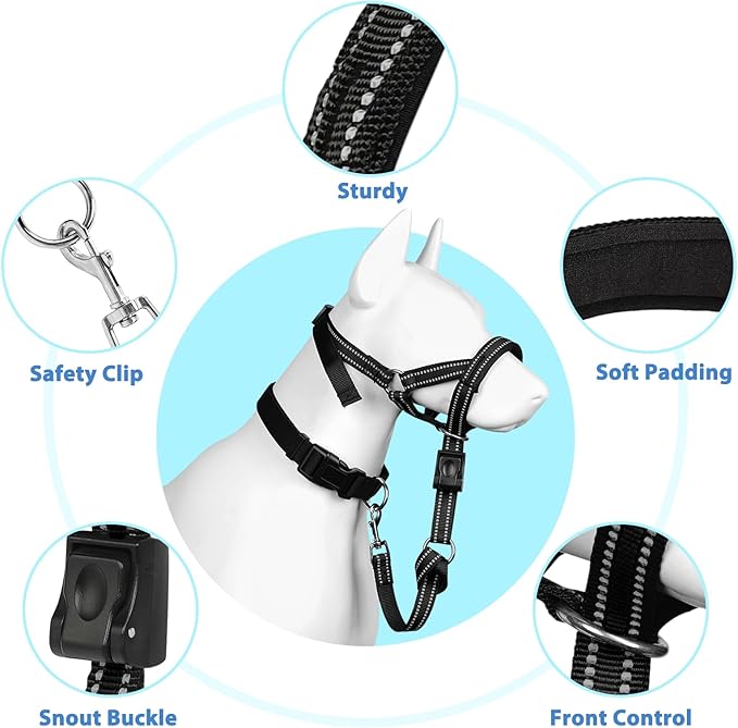BARKLESS Soft Dog Head Collar, Patented Padded No Pull Head Halter, Training Nose Leash with Safety Link for Medium Large Dogs, Adjustable Muzzle Leash, Easy Control for Walking(Black, M)