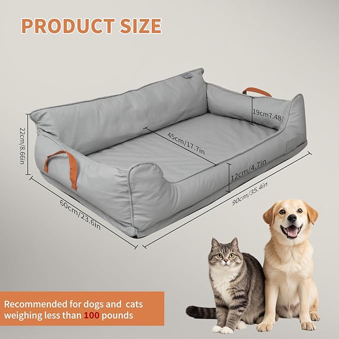 Waterproof Leather Memory Foam Dog Sofa Bed, Removable Orthopedic Dog Beds for Large Dogs, Durable Dogs Bed Couch with Non Skid Bottom for Different Pet Sizes (Silver Gray, X-Large)