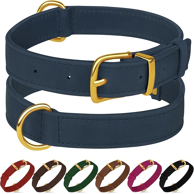 Leather Dog Collar - Heavy Duty Adjustable Soft Padded Pet Collars for Small Medium Large Dogs Breed - Black Green Brown Pink Red Blue (Smoky Blue, M, 12"-15" Neck Fit)