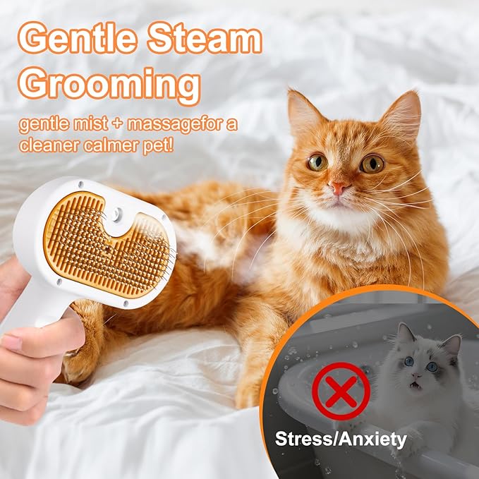Pet Steam Brush Dog Cat 2025 New Grooming Comb for Shedding, Floating Hair, Smooth & Detangling, Gentle Cool Mist Softens Hair Reduces Static Helps Pets Who Dislike Bathing,Includes Waterless Shampoo