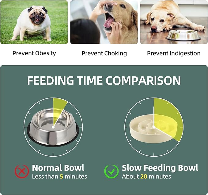 Ceramic 1.2 Cup Raised Slow Feeder Dog Bowl Set, Elevated Wooden Stand for Medium and Small Dog, 7.3inch Puzzle Slow Dish, Anti-Gulping(Beige, Single Bowl+ Stand)