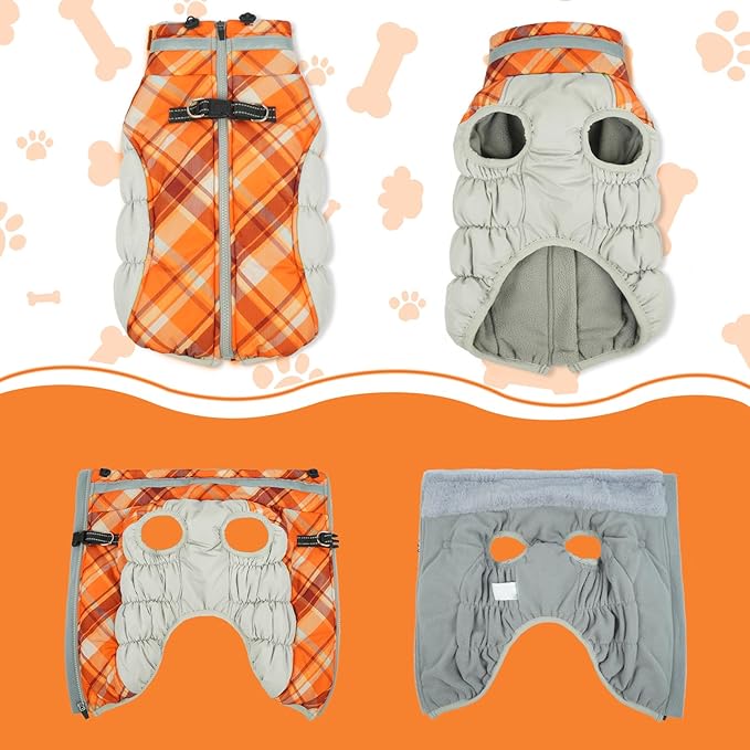 Lelepet Warm Dog Winter Coat Dog Coats for Large Dogs Waterproof Dogs Jacket with Harness Built in Reflective Cold Weather Coats Zip-Up Winter Fleece Vest Snowsuit Boston Terrier Orange Plaid L