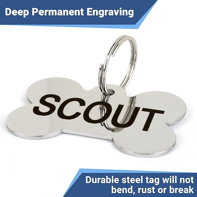 GoTags Stainless Steel Pet ID Tags, Personalized Dog Tags and Cat Tags, up to 8 Lines of Custom Text, Engraved on Both Sides, in Bone, Round, Heart, Bowtie and More (House, Regular (Pack of 1))