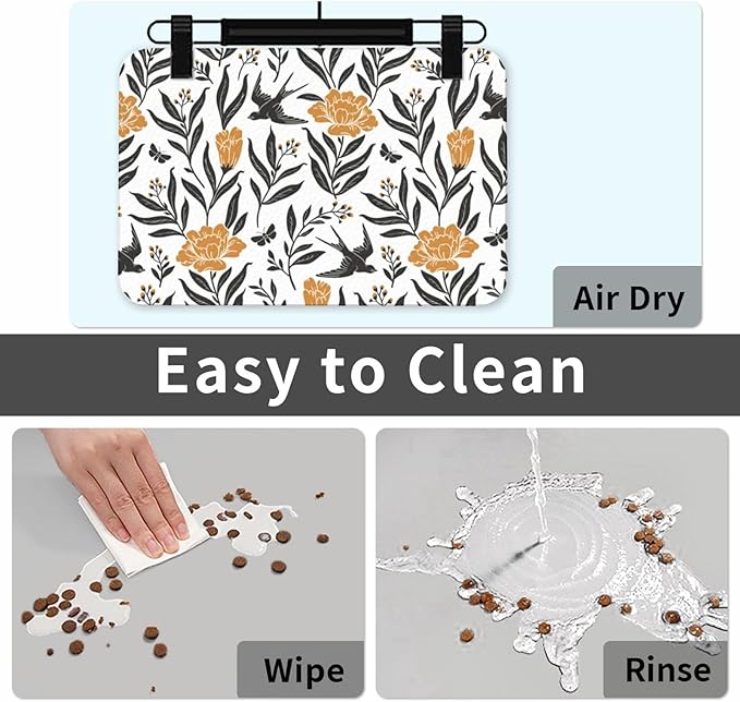 Dog Food Mat for Floors Absorbent,Quick Dry Cat Pet Feeding Placemats with Non Slip Rubber for Dog Food and Water Bowl, Pet Supplies for Dogs, Cats(30x45cm,Bohemian Floral with Birds)