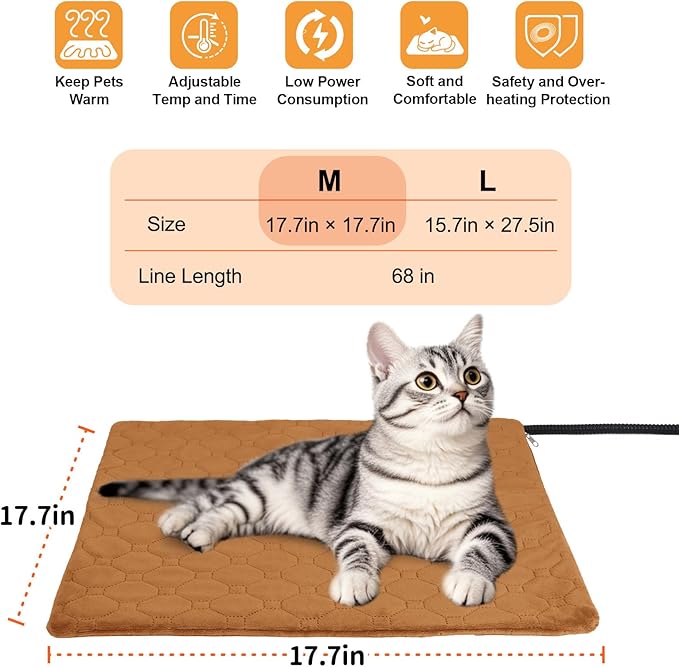 Pet Heating Pad for Cats & Dogs Indoor Outdoor, Warming Cat Heating Pad with Chew Resistant Cord, Adjustable Temperature & Time, Heated Cat Bed Mat Waterproof for Cats Small Dogs, 17.7'' × 17.7''
