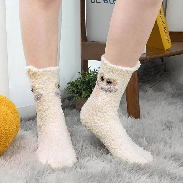 Loritta 3 Pairs Womens Fuzzy Socks Winter Warm Fluffy Soft Slipper Home Sleeping Cute Animal Socks