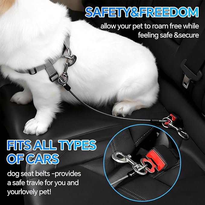 2 Pcs Car Seat Belt Harness for Dog, Dog Seatbelt Clips of Coated Wire Leash Safety Restraint, Metal No Chew Tether Cable Vehicle Dogs Accessories,Double Clips & Buckle Latch (Black)