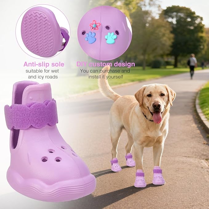 Dog Shoes for Hot Pavement and Snow – Waterproof, Non-Slip, Breathable Booties with Adjustable Straps for Small, Medium & Large Dogs (Purple, L)