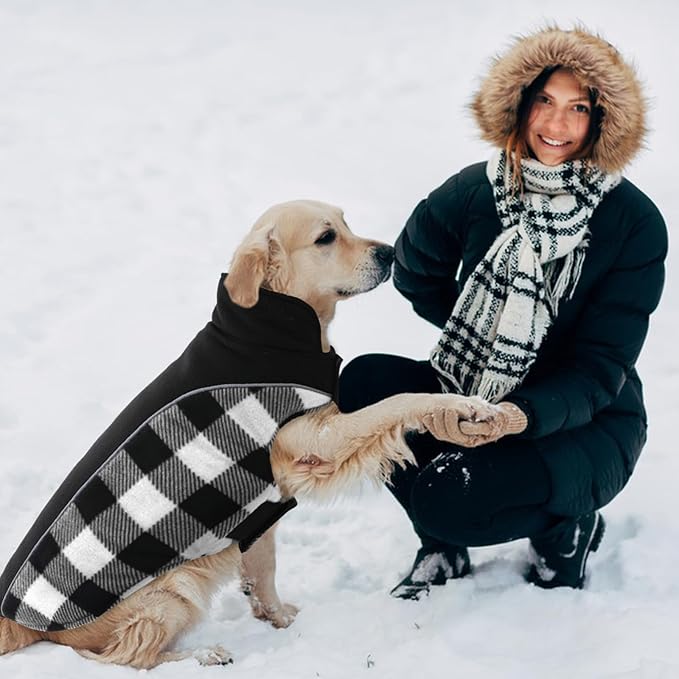 Kuoser Dog Winter Coat, Reversible Waterproof Dog Jacket with Reflective Strip, Warm Dogs Fleece Vest Adjustable Doggy Cold Weather Clothes Plaid Christmas Outfit Pet Apparel for Medium Dogs, Black M
