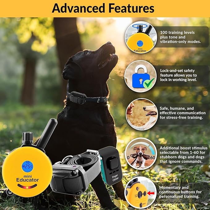 E-Collar – Educator ET-300-1/2 Mile Waterproof Remote Dog Training Collar Includes Premium Finger Clicker Trainer, 100 Programmable Levels + Vibration + Light + Sound, Black