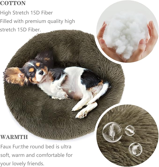 Calming Donut Dog Bed for Small Medium Dogs - 23 Inch Green Anti-Anxiety Washable Fuzzy Bed Fits up to 15 lbs