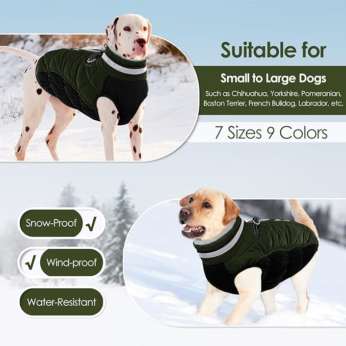 AOFITEE Dog Coat, Warm Dog Winter Coat for Large Dogs, Reflective Turtleneck Dogs Jacket with Harness Built in, Waterproof Windproof Pet Puffer Jacket Fleece Vest for Cold Weather, Green XXXL
