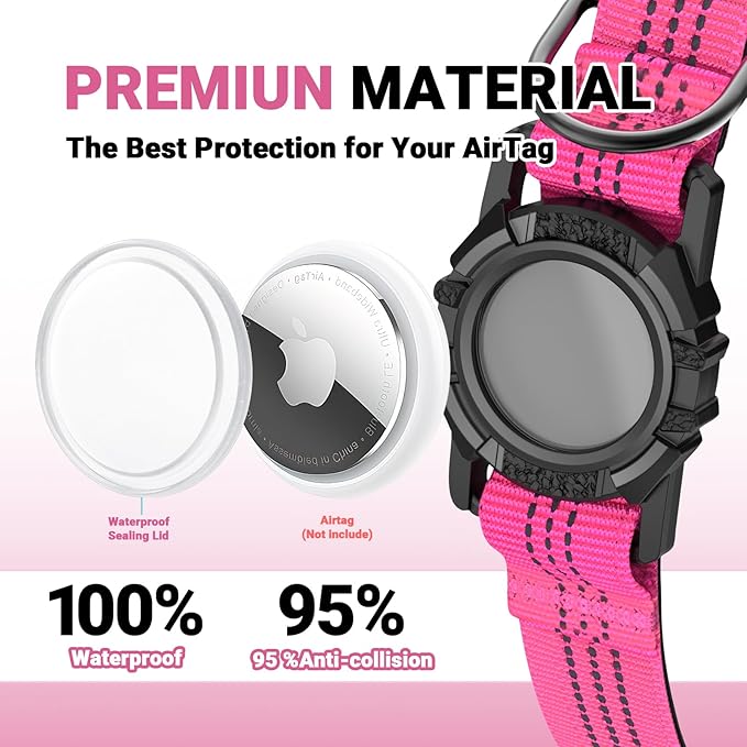 AirTag Dog Collar, IP68 Waterproof Integrated Air Tag Dog Collars with Reflective, Ultra-Durable, Comfortable Padded, Heavy Duty Dog Collars for Small Medium Large Dogs, M (12.6"-17.1"), Pink