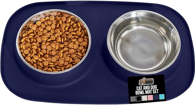 GORILLA GRIP Feeding Mat Set, Patent Pending 100% Waterproof BPA Free Silicone, Stainless Steel Cat and Dog Bowls, Slip Resistant, Edges Catch Water, Food, US Designed Pet Accessories, 1 Cup Navy Blue