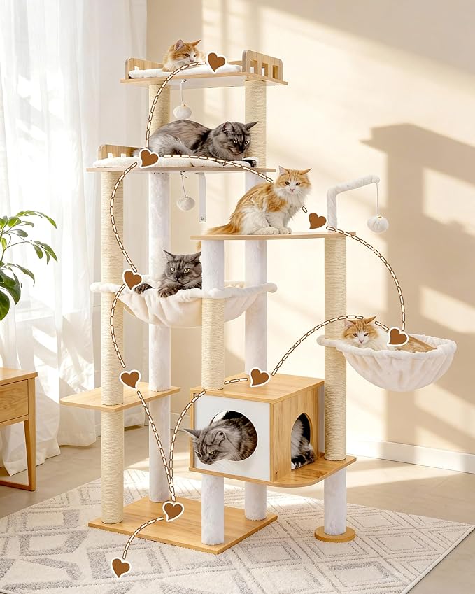 Heybly Cat Tree, 70.5 Inch Wood Tall Cat Tower for Large Indoor Cats with Extra Stable Structure, Modern Cat Furniture with All-Sisal Scratching Posts, Cat Condo & Hammocks, Walnut HCT121WB