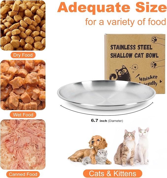 Supet Whisker Frinendly Cat Plates for Wet and Dry Food, Cat Bowls with Non-Slip Bottom, 304 Stainless Steel Flat Wide Shallow Dishes for Indoor Kitten (8Pcs)