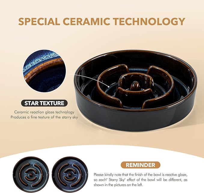 Ceramic 1.2 Cup Raised Slow Feeder Dog Bowl Set, Elevated 6.1inch Bowl and 7.3inch Dish with Acacia Wood Stand for Small and Medium Dog(2 x Starry Sky+ Stand)