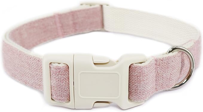 Cotton Hemp Dog Collar Adjustable, Pink Dog Collar Soft Natural Fabric with Quick Release, Cute Wedding Puppy Necklace for Small Medium Large Dog, Pink-L