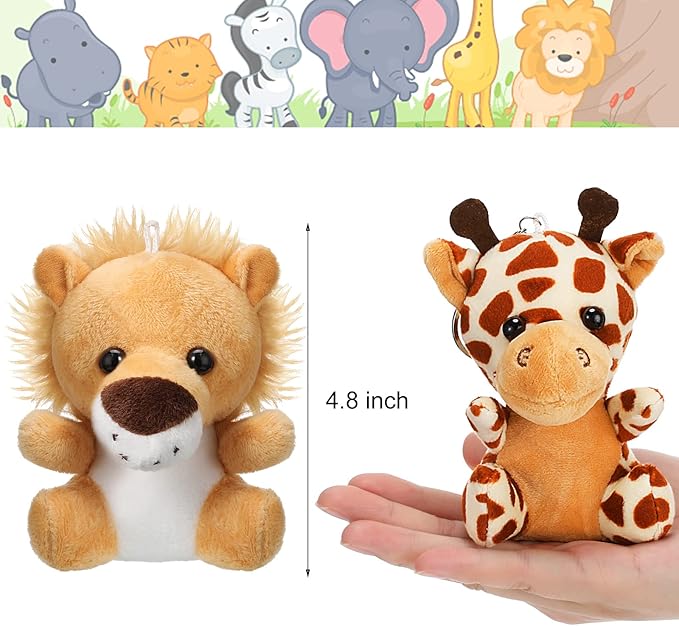 Skylety 12 Pcs Mini Safari Plush Animal Toys 3.9 Inch Cute Forest Animal Toy Deer Tiger Leopard Monkey Elephant Lion Zebra Frog Duck Puppy for Teacher Student Party Classroom Award Prizes