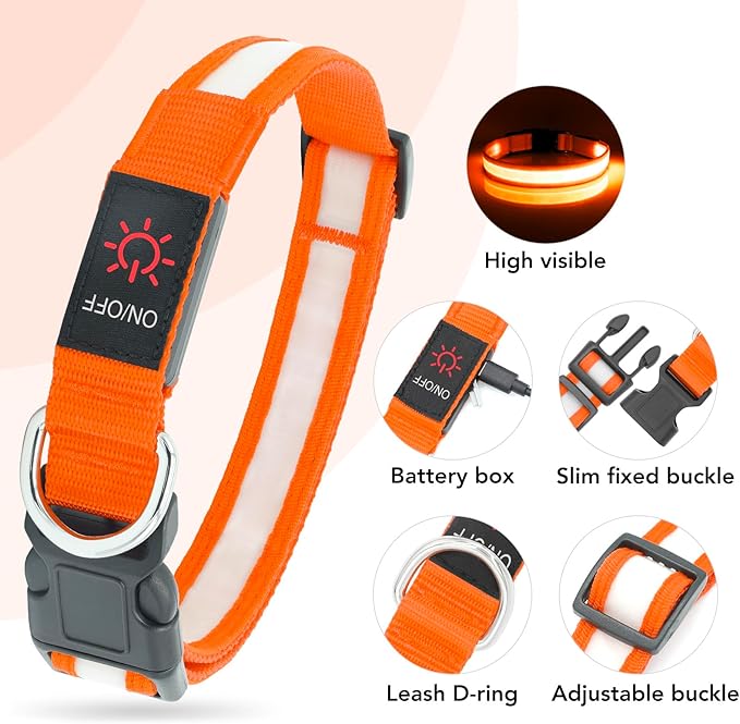 Vizpet LED Dog Collar, Light Up Dog Collar Adjustable USB Rechargeable Super Bright Safety Light Glowing Collars for Small Dogs(Small,Orange)