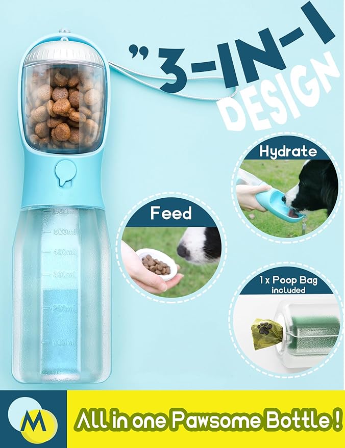 MoonyMars Portable Water Bottle for Dogs, 3 in 1 Pet Travel Bowl Dispenser with Food Treat Container & Poop Bag Holder, Summer Walking Hiking Accessories for Large Dog On The Go - Purple, 20oz