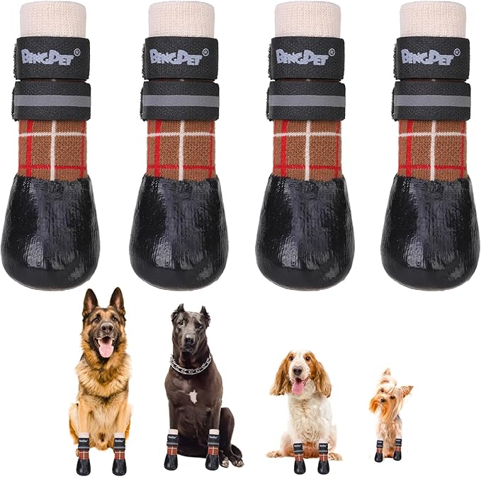 BINGPET Anti-Slip Dog Socks for Hardwood Floors,Injury Prevent Licking Dog Booties,Traction Control Paw Protector Dog Shoes for Hot Pavement with Reflective Straps for Small Medium Large Dogs