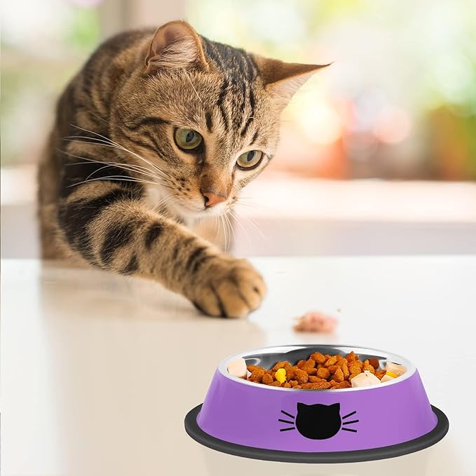3 Pcs Non-Slip Stainless Steel Small Cat Food Bowls - Unbreakable, Thicken 7 Oz Cat Dishes - Indoor, Removable Rubber Base, Easily Clean, Lovely Color