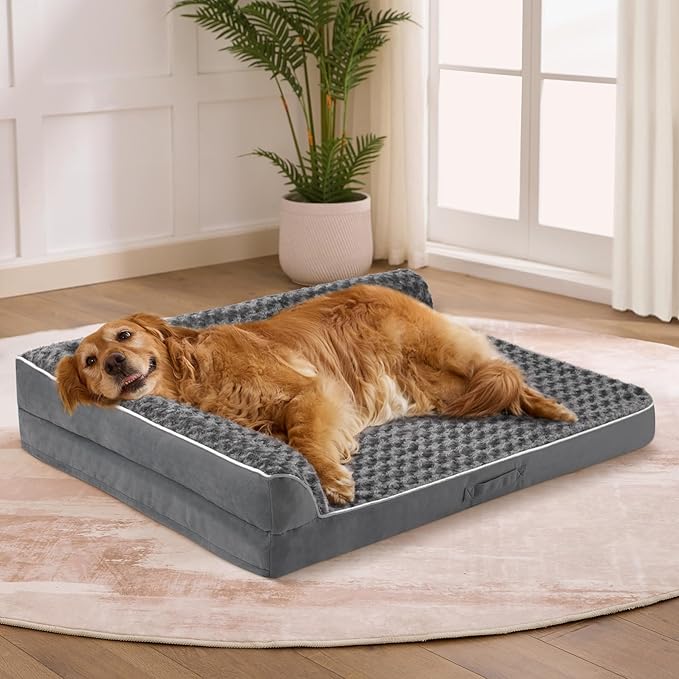 Dog Bed Large Sized Dogs, Orthopedic Dog Bed for Large Dogs, Waterproof Pet Bed with Washable Removable Cover, L-Shaped Pet Couch with Portable Handle 36"x27"x6.5", Dark Grey