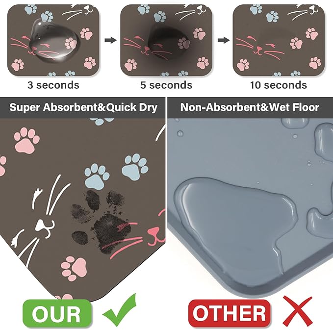 Patterned Cat & Dog Bowl Mat for Food and Water, 17"×30" Quick Dry Absorbent Pet Feeding Mat, Eco-Friendly Dog Placemat